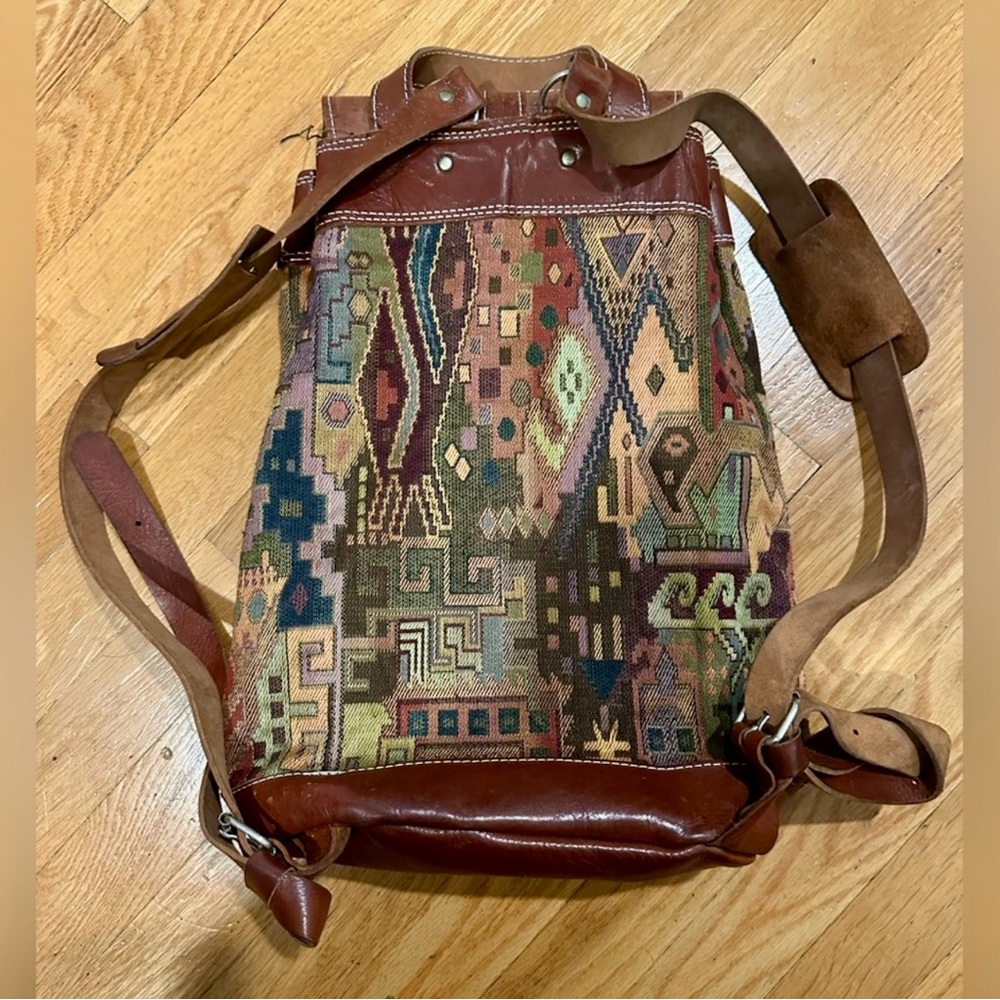 Vintage Leather and Patterned Fabric Backpack - Picture 4 of 8